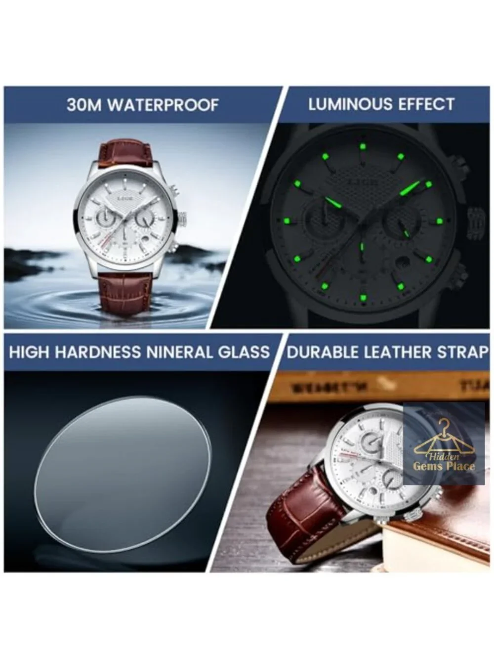 Men's Vintage Chronograph Leather Strap Watch - Quartz Dress Waterproof